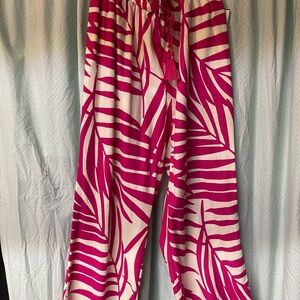 Wide Leg Tropical Print Pants in Fuchsia and Cream